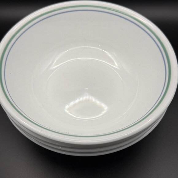 Corelle Vitrelle Country Cottage 4 White Cereal Bowls 6.25” Blue Green Striped - Picture 1 of 7